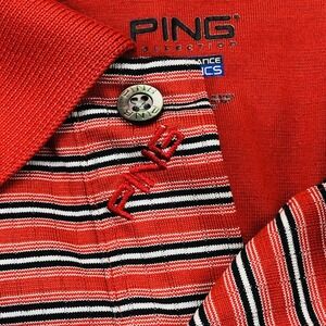 Ping Golf‎ Polo Mens M Red Black Stripe Performance Dynamics Stretch Embroidered